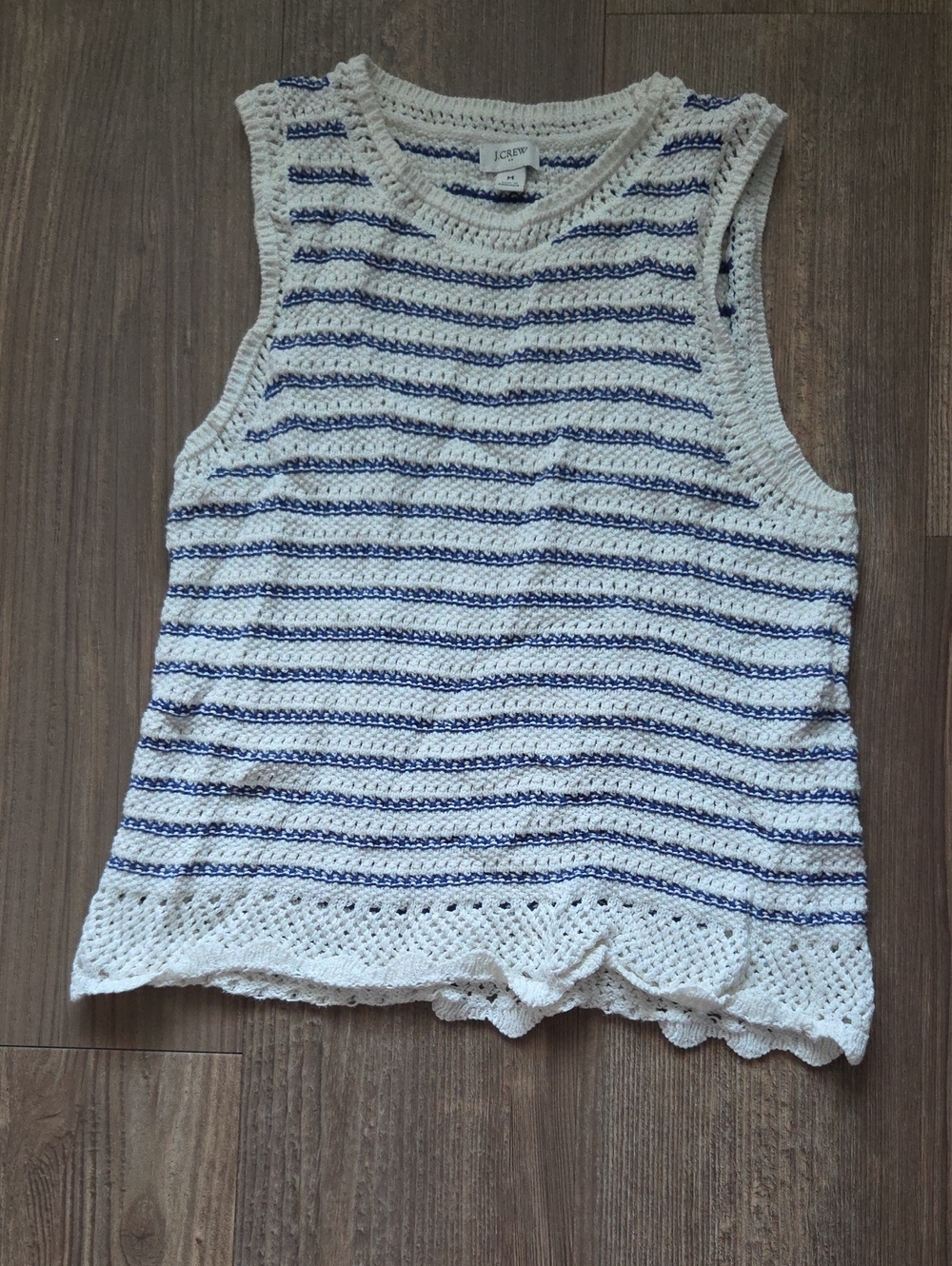 J. Crew White Crochet Tank with Navy Stripes